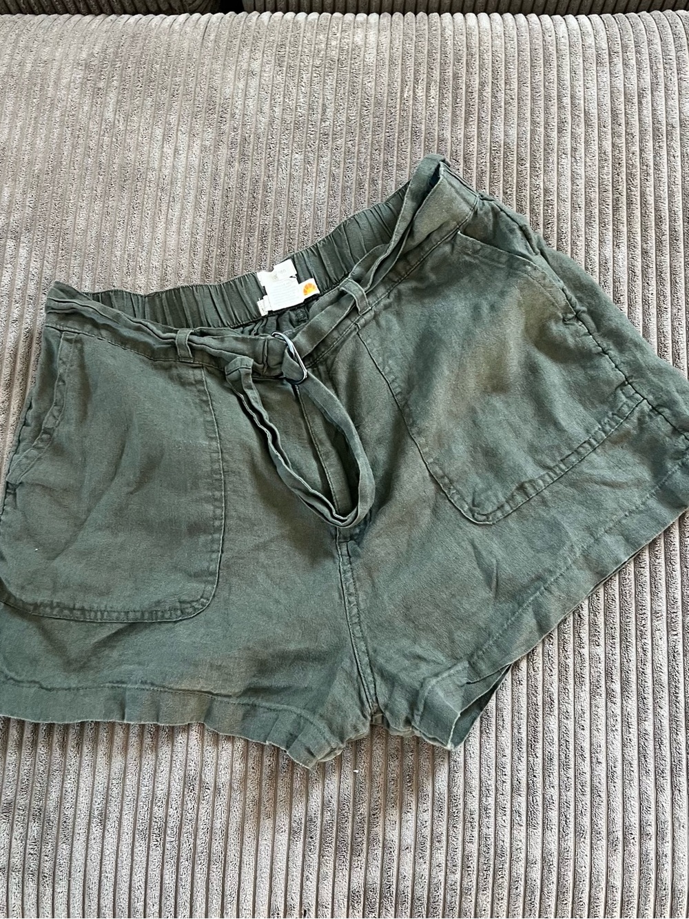 C&C California Olive Green Linen High-Waist Belted Shorts